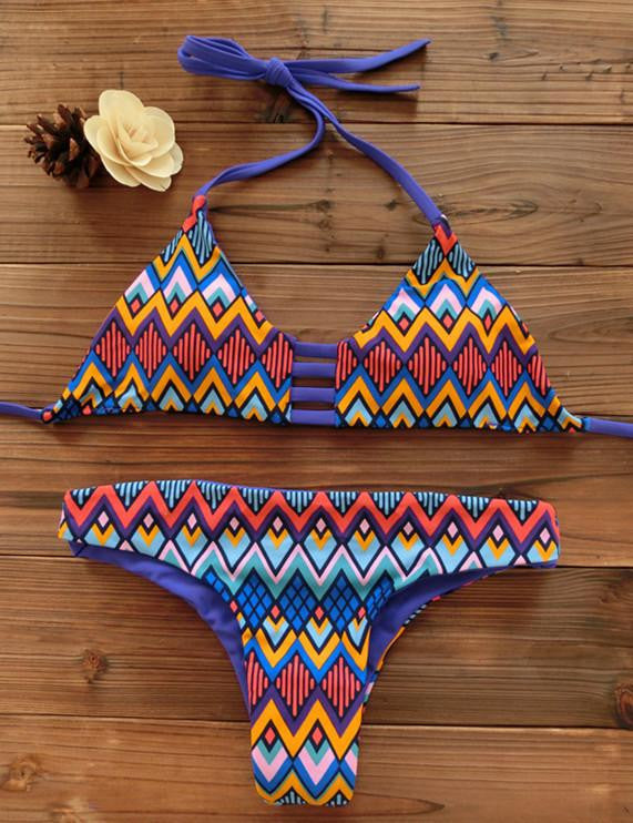 Women Bandeau Bikini Reversible Print swimsuit Strappy swimwear biquini trikini 1112