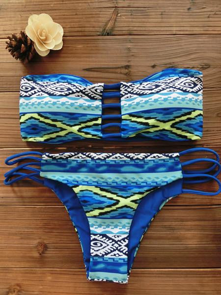 Women Bandeau Bikini Reversible Print swimsuit Strappy swimwear biquini trikini 1112