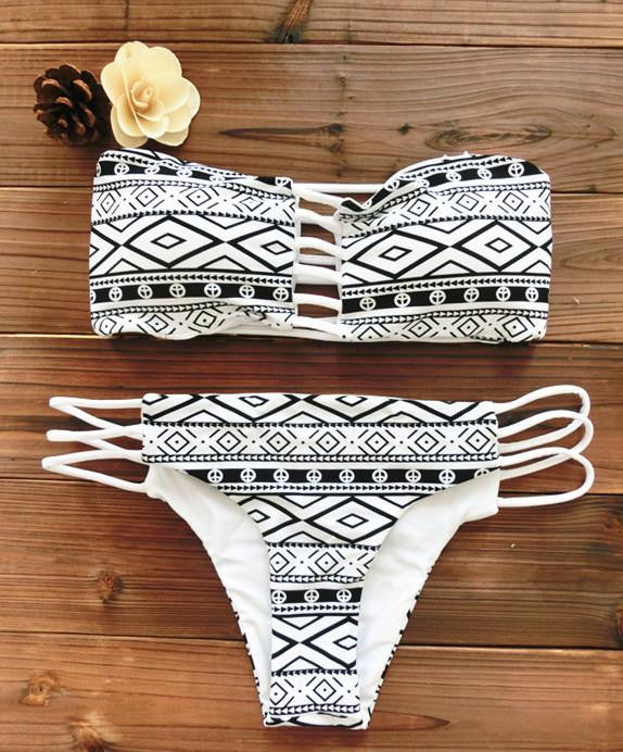 Women Bandeau Bikini Reversible Print swimsuit Strappy swimwear biquini trikini 1112