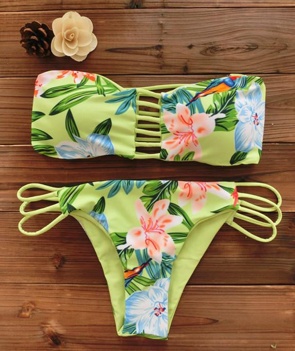 Women Bandeau Bikini Reversible Print swimsuit Strappy swimwear biquini trikini 1112