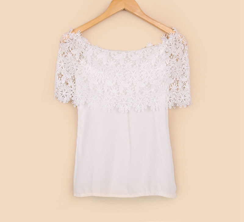 Plus Size S-XXL Style Women Tops Casual Off Shoulder Blouse Chiffon Lace Floral Blouse Solid Shirts