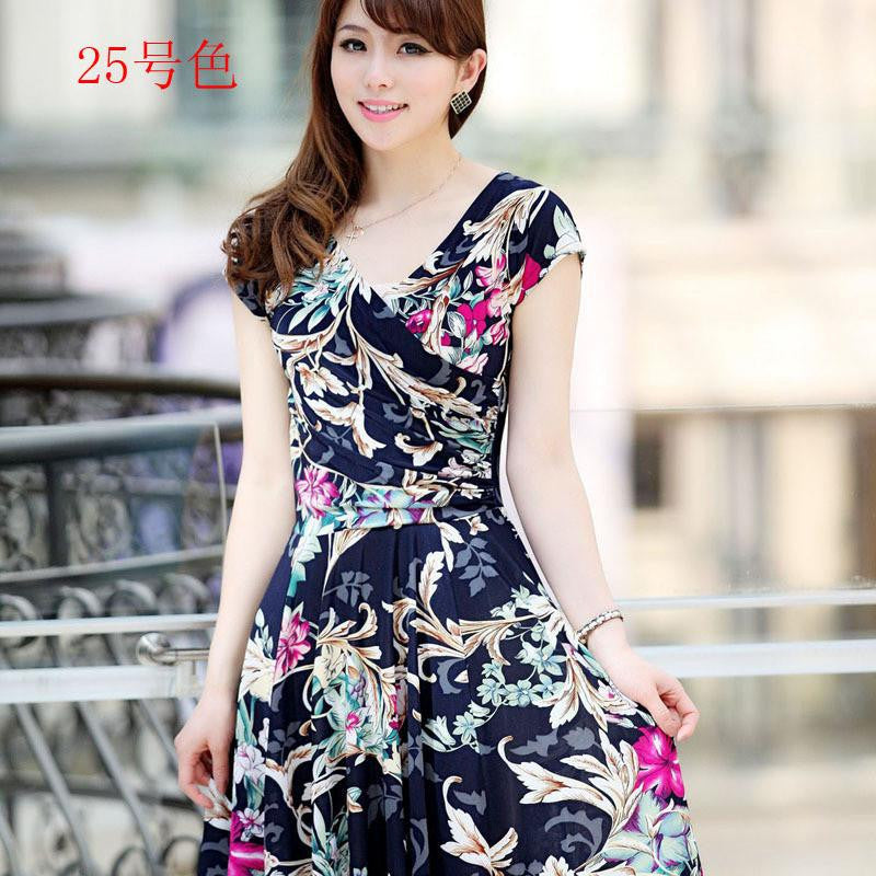 women pleated V-Neck dress waist show thin sand Maxi printed Dresses