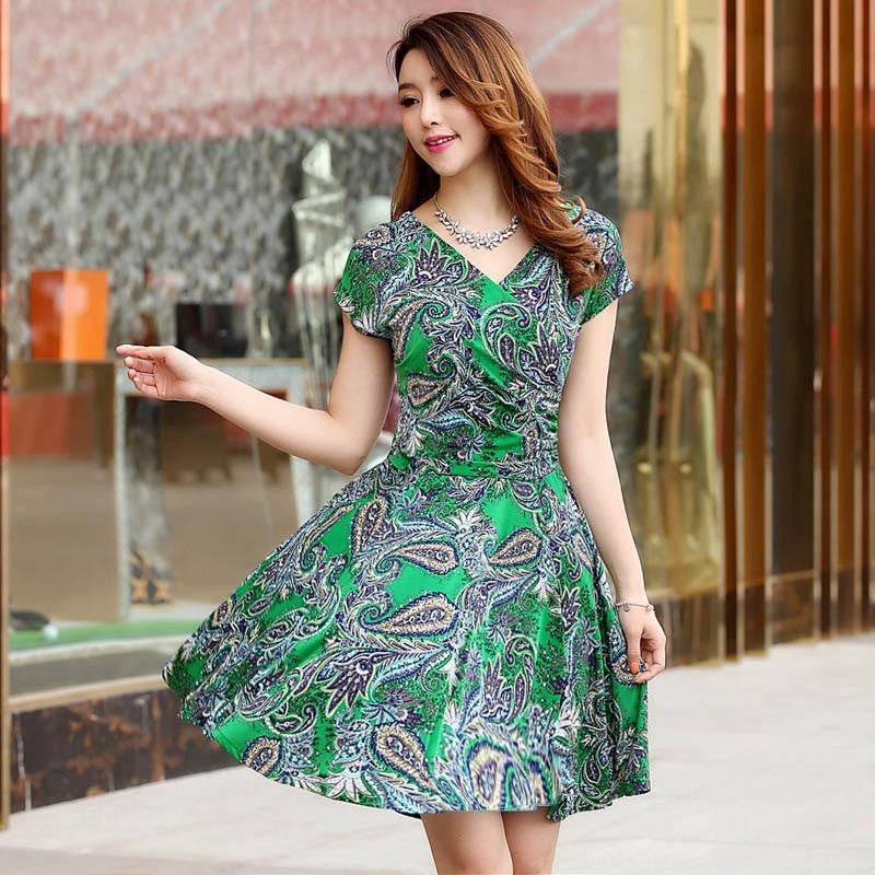 women pleated V-Neck dress waist show thin sand Maxi printed Dresses