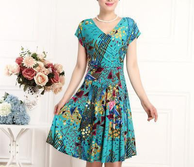 women pleated V-Neck dress waist show thin sand Maxi printed Dresses