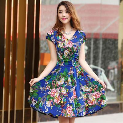 women pleated V-Neck dress waist show thin sand Maxi printed Dresses