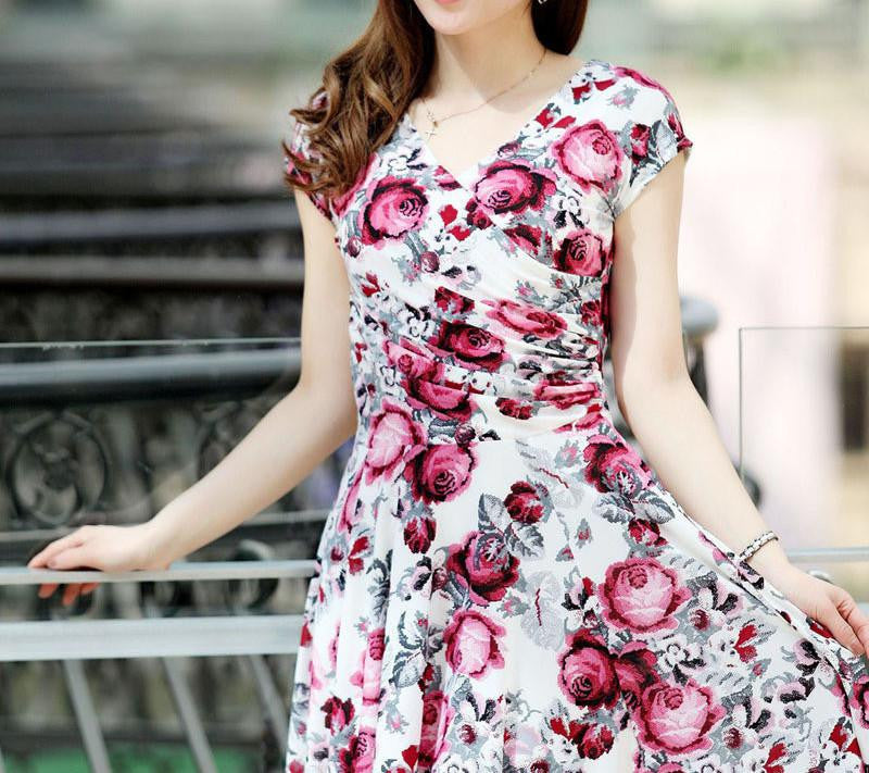 women pleated V-Neck dress waist show thin sand Maxi printed Dresses