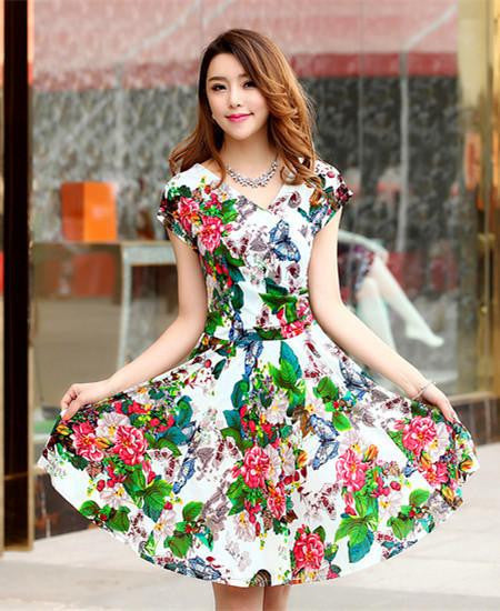 women pleated V-Neck dress waist show thin sand Maxi printed Dresses