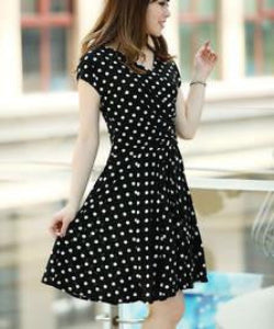 women pleated V-Neck dress waist show thin sand Maxi printed Dresses