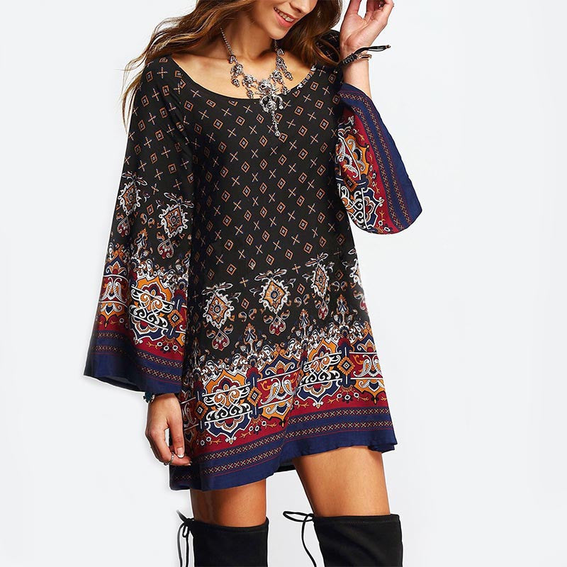 Retro Ethnic Autumn Dress Women Boho Loose Sundress Big Size Ladies Long Sleeve A-Line Beach Dresses