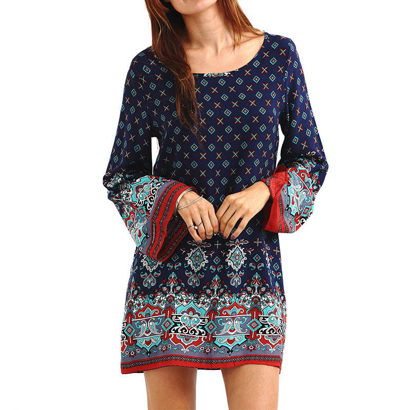 Retro Ethnic Autumn Dress Women Boho Loose Sundress Big Size Ladies Long Sleeve A-Line Beach Dresses
