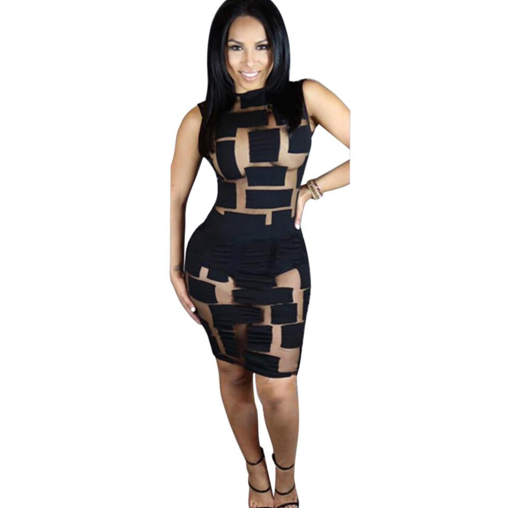 Women Club Dress Summer Sleeveless Bandage Bodycon See Through Mesh Party Cocktail Mini Dress