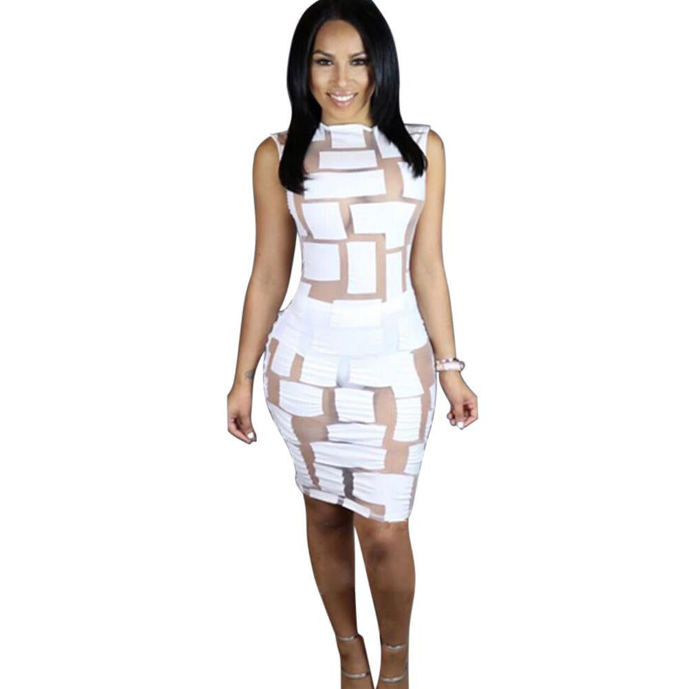 Women Club Dress Summer Sleeveless Bandage Bodycon See Through Mesh Party Cocktail Mini Dress