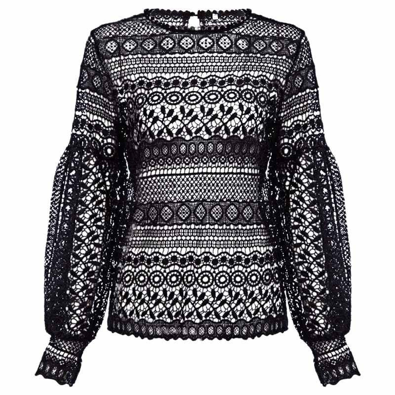 White Lace Hollow Out Crochet Top Women Blouse Shirt Long Sleeve Casual Elegant Floral