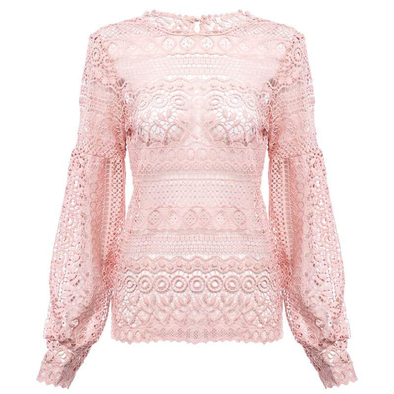 White Lace Hollow Out Crochet Top Women Blouse Shirt Long Sleeve Casual Elegant Floral