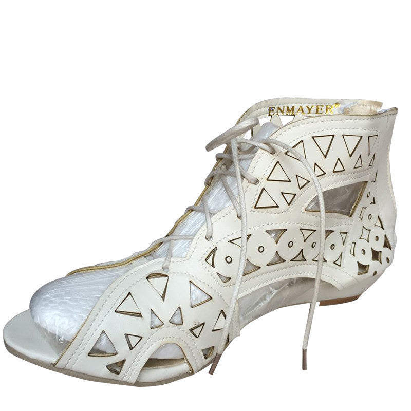 Online discount shop Australia - Big Size 34-43 Fashion Cut-outs Lace Up Sandals Open Toe Low Wedges Bohemian Shoes Beach Shoes Woman White Shoes