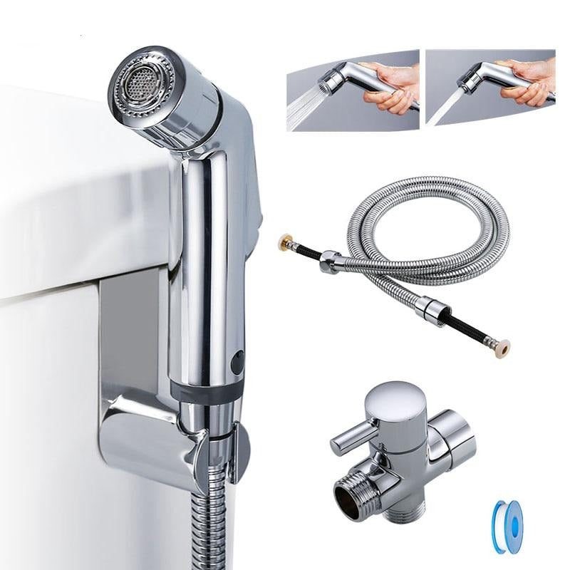 Two function toilet hand bidet faucet bathroom bidet shower sprayer brass T adapter 1.2m hose tank hooked holder easy install