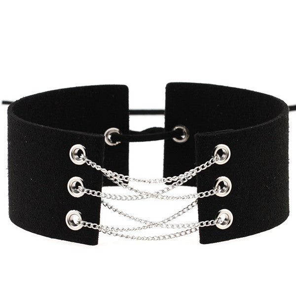 Glamorous Black Velvet Choker With Gold Chains Statement Necklace Link Chain Lace Up Chokers Necklaces Chocker 8 Colors