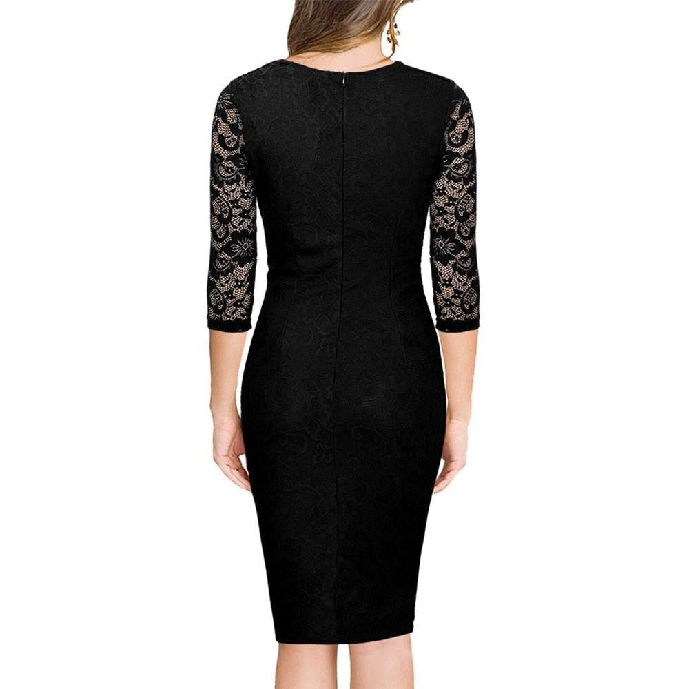 Women Autumn Dress Fashion Elegant Vintage Rockabilly Lace Sleeve V Neck Ruched Casual Party Bodycon Pencil Sheath Dress