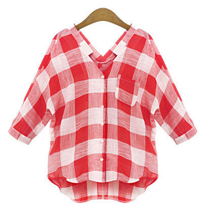Red Plaid Women Shirts Elegant Big Square Patchwork Deep V Neck Long Women Shirts For day Plus Size