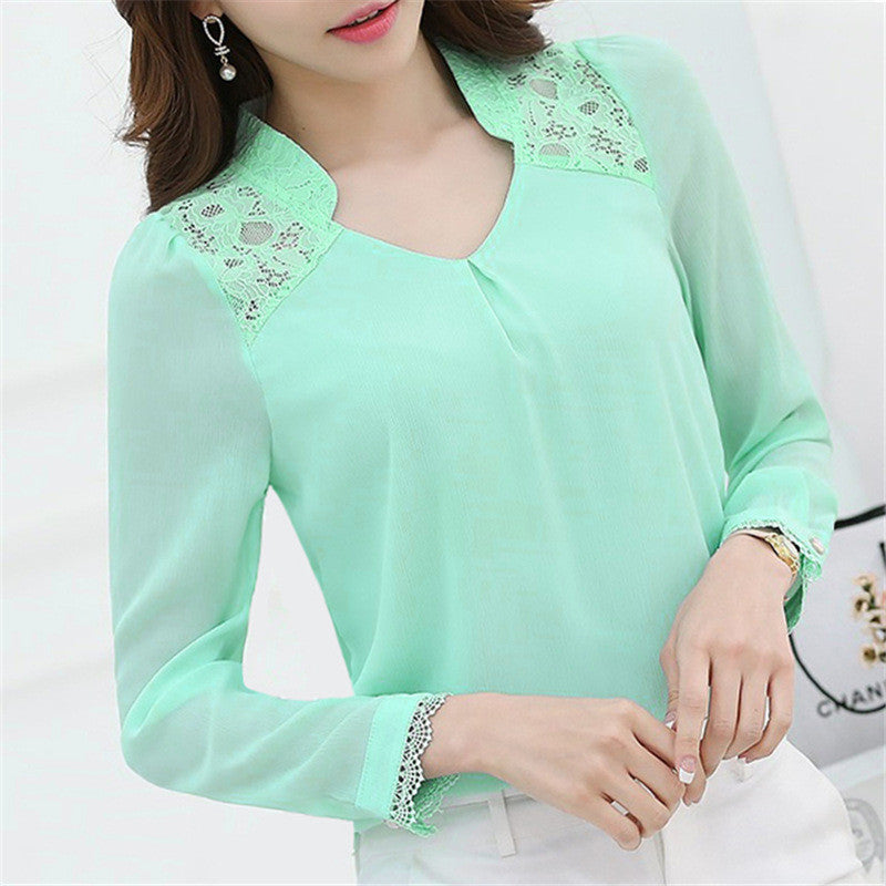 Fashion Women Long Sleeve V Neck Lace Shirts Tops Plus Size 3 Colors