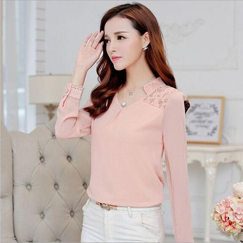 Fashion Women Long Sleeve V Neck Lace Shirts Tops Plus Size 3 Colors