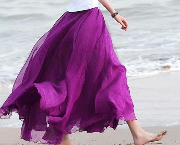 Women Chiffon Long Skirts Candy Color Pleated Maxi Skirts 10 Candy Colors High