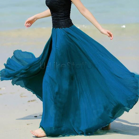 Women Chiffon Long Skirts Candy Color Pleated Maxi Skirts 10 Candy Colors High