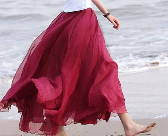 Women Chiffon Long Skirts Candy Color Pleated Maxi Skirts 10 Candy Colors High