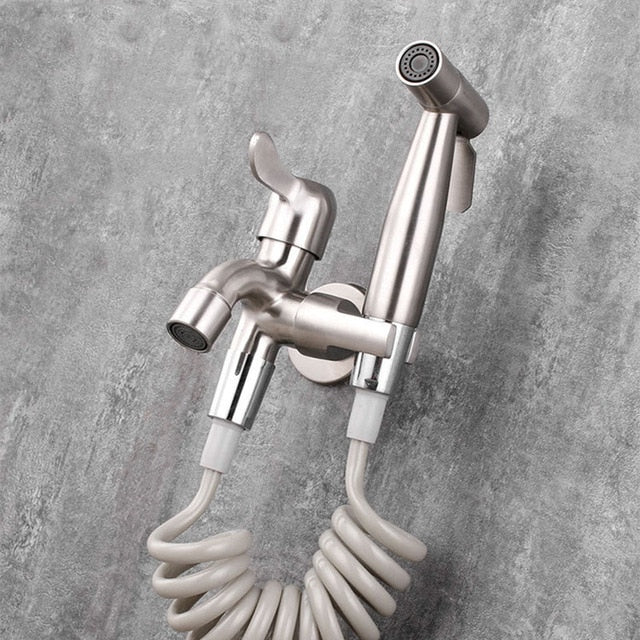 Bathroom Water Tap & Bidet Sprayer Kit. Stainless Steel Wash Machine Tap With Toilet Bidet Faucet With Independent Switch