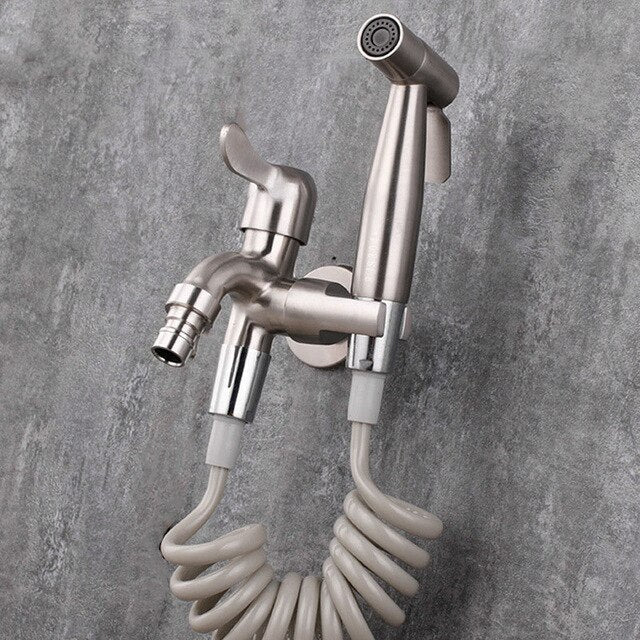 Bathroom Water Tap & Bidet Sprayer Kit. Stainless Steel Wash Machine Tap With Toilet Bidet Faucet With Independent Switch