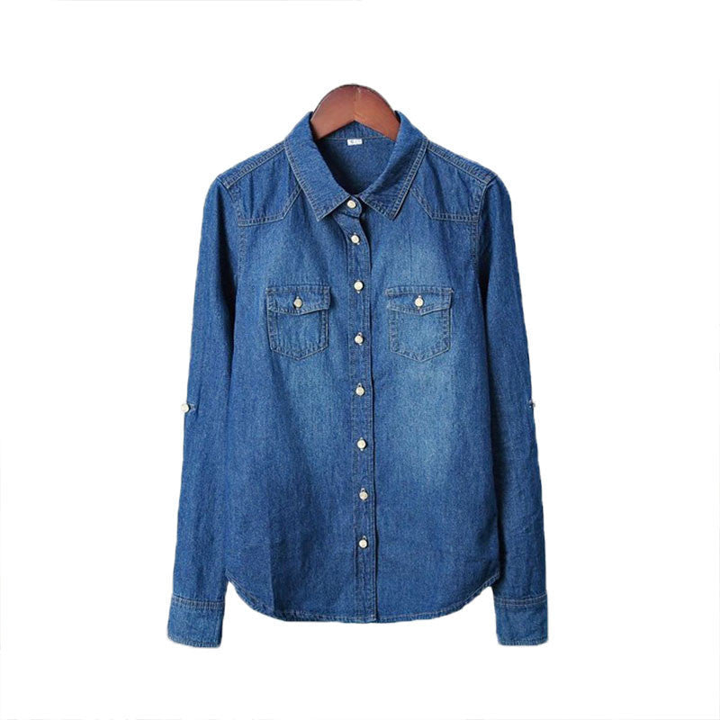 Plus Size Women Clothes Blouse Long Sleeves Denim Shirt Nostalgic Vintage Blue Jeans Shirt