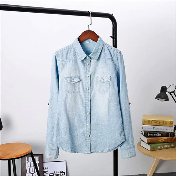 Plus Size Women Clothes Blouse Long Sleeves Denim Shirt Nostalgic Vintage Blue Jeans Shirt