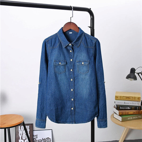 Plus Size Women Clothes Blouse Long Sleeves Denim Shirt Nostalgic Vintage Blue Jeans Shirt