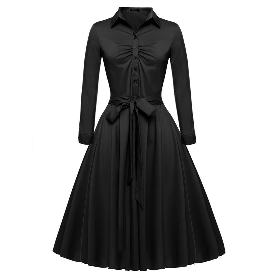 Women Casual Shirt Dress Big Swing Long Sleeve Autumn Winter Elegant Dress Black 3 COLOR