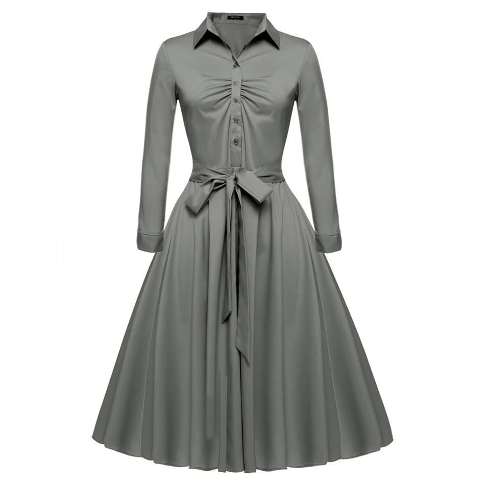 Women Casual Shirt Dress Big Swing Long Sleeve Autumn Winter Elegant Dress Black 3 COLOR