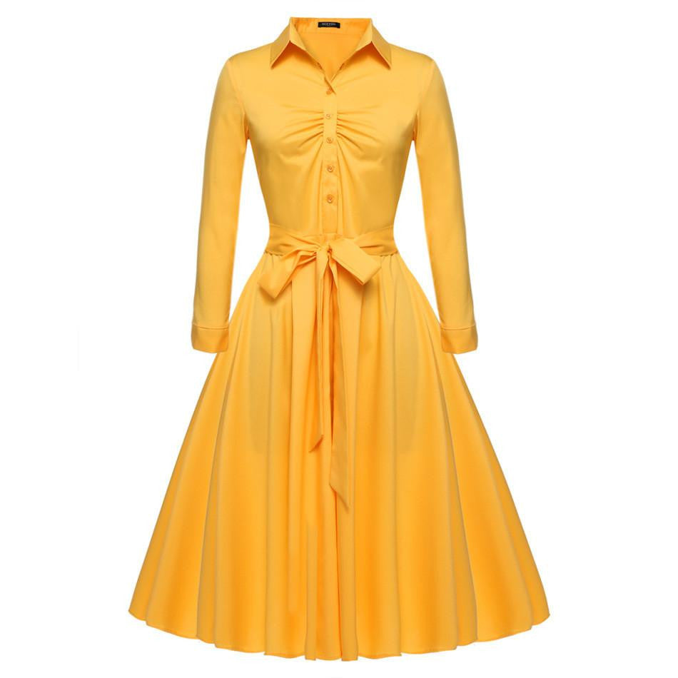 Women Casual Shirt Dress Big Swing Long Sleeve Autumn Winter Elegant Dress Black 3 COLOR