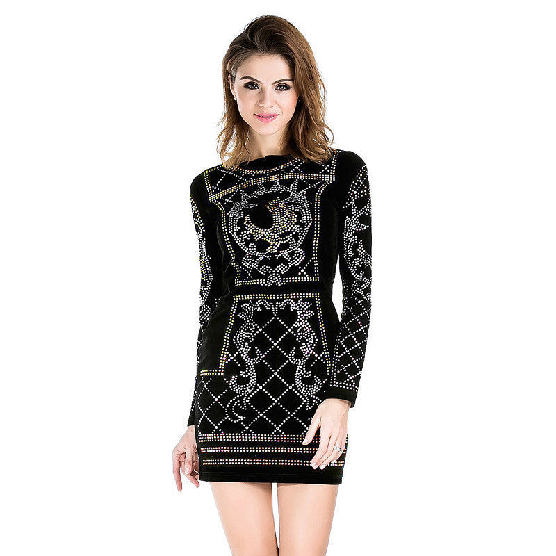 Online discount shop Australia - Missord Sexy O-neck long-sleeved geometric silver and gold studded velvet dress FT3610 Rhinestone
