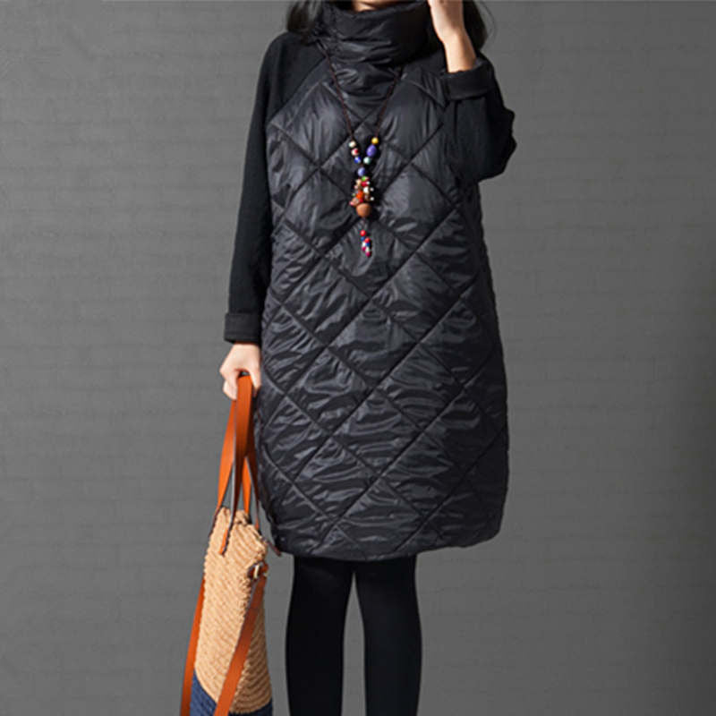 Online discount shop Australia - Fashion Autumn Loose Straight Dress Patchwork Black Ropa Mujer Turtleneck Down Female Vestidos Tunic Winter Dresses