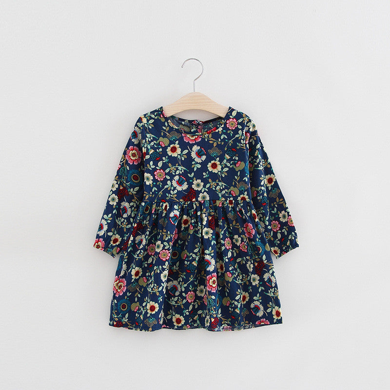 Online discount shop Australia - Floral Girls Dress Fashion Kids Clothes Girls Full Sleeve Cotton Dress Button Navy Dress for Kids Chidren Dress