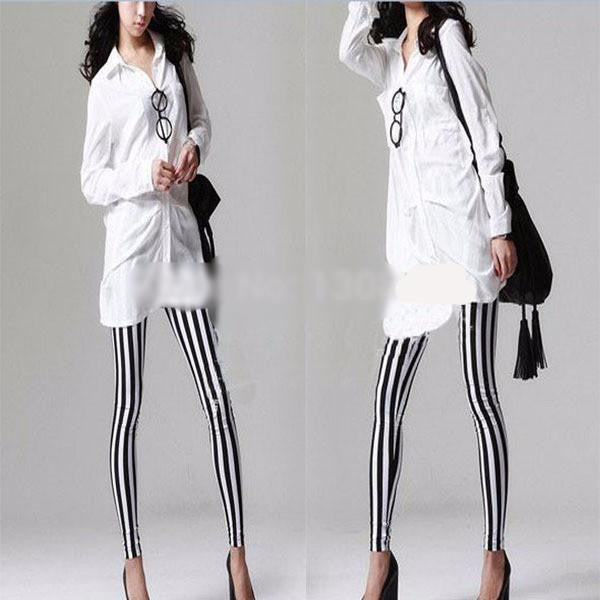 Stylish Women's Cool Vertical Striped Stretchy Skinny Leggings Pants