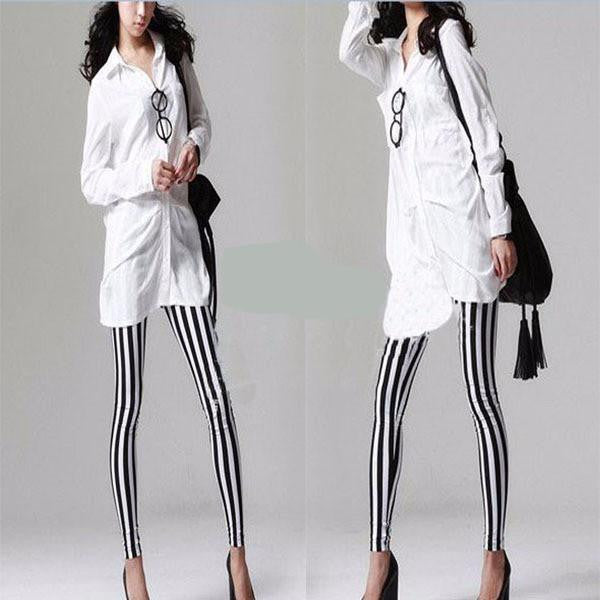 Stylish Women's Cool Vertical Striped Stretchy Skinny Leggings Pants