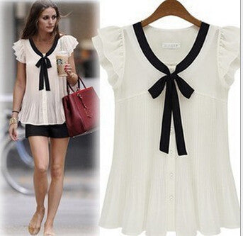 Online discount shop Australia - Fashion Women's Short-sleeved Shirt Chiffon Bow Women Clothing
