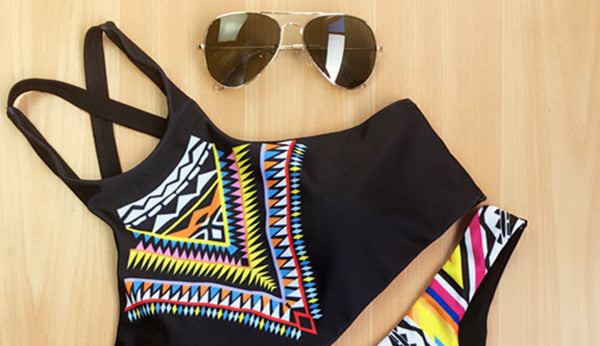 Women Bikinis High Neck Push up Bikini Set Geometry Black Swimwear Female Slim Print Swimsuit Biquini brazilian Beach