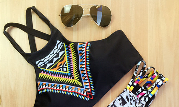 Women Bikinis High Neck Push up Bikini Set Geometry Black Swimwear Female Slim Print Swimsuit Biquini brazilian Beach