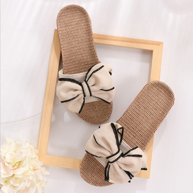 Women Summer Casual Slides Comfortable Flax Slippers Striped Bow Linen Flip Flops Platform Sandals Ladies Indoor Shoes