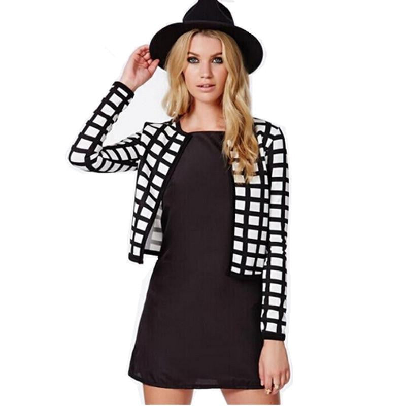 TideSource Fashion Women Coat White And Black Plaid Patterns Print Jackets Women Short Jacket Coat Women Jacket