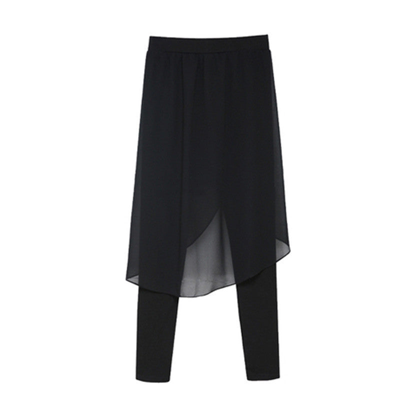 Online discount shop Australia - 5XL Plus Size Women's Pant With Skirt Faux Two Pieces Leggings Fashion Stretch Leggins Chiffon Long Skirt Black XXXXXL XXXXL XXL
