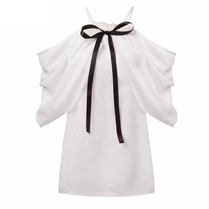 Style Halter Neck Bowknot Shirts Elegant Women Off Shoulder Blouses Casual Slim Chiffon Tops