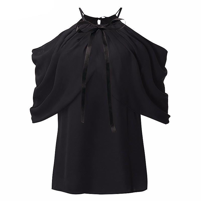 Style Halter Neck Bowknot Shirts Elegant Women Off Shoulder Blouses Casual Slim Chiffon Tops
