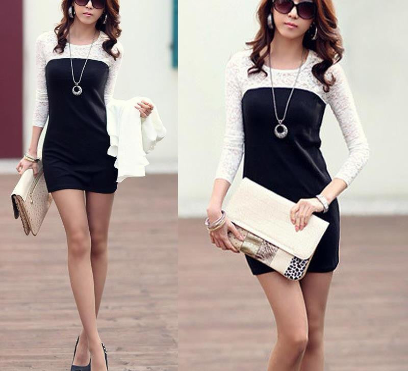 Vestidos Womens Lace Splice Package Hips Slim Skinny Mini Dress Long Sleeve Bodycon Office Lady Dress CY1015